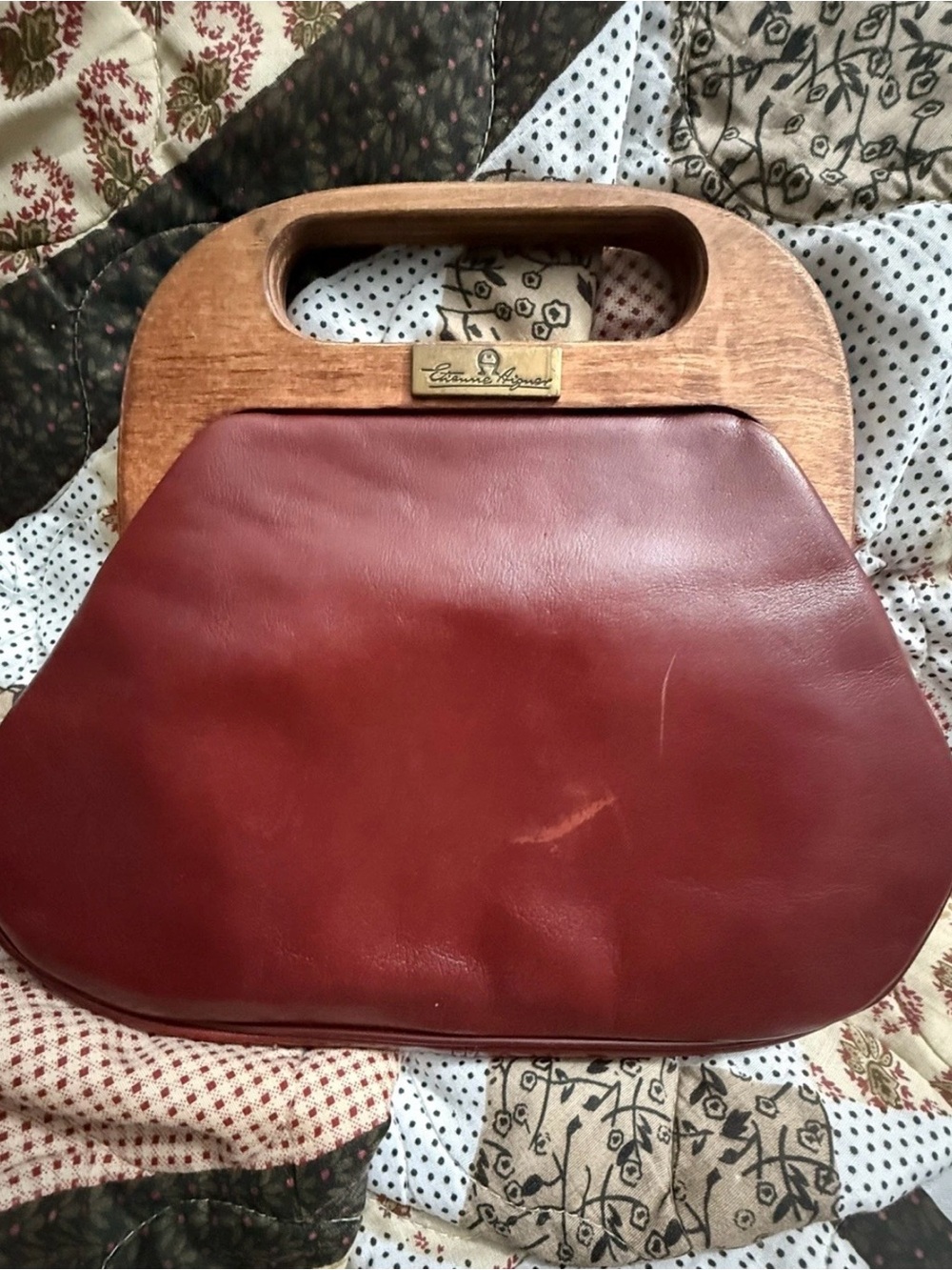 Vintage Etienne Aigner Oxblood Leather Clutch with Wooden Handles.